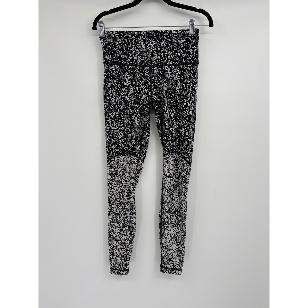 Lululemon High Rise Leggings Black White Floral Dot Splatter Print Size 6